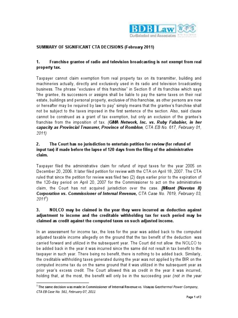 Summary of Significant CTA Decisions (February 2011) | PDF | Value ...