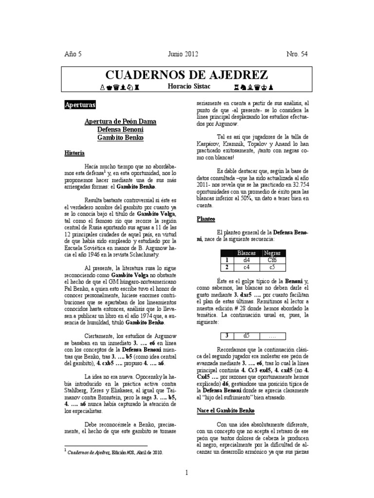 Apertura de Peón Dama Defensa Benoni Gambito Benko | PDF | Teoría del ...