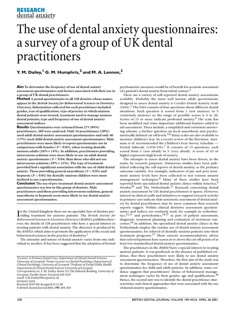 Dental Anxiety Questionnaires Dentistry Clinical Psychology