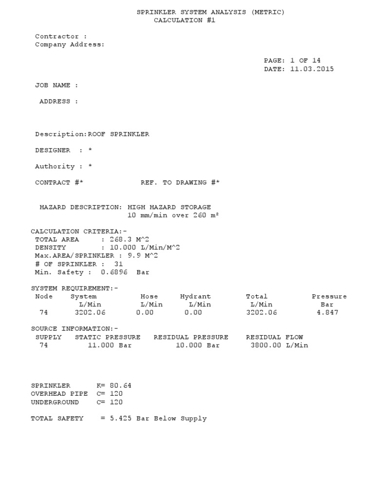 Sample of Nfpa Hydraulic Calculation | PDF | Fire Sprinkler System | Valve