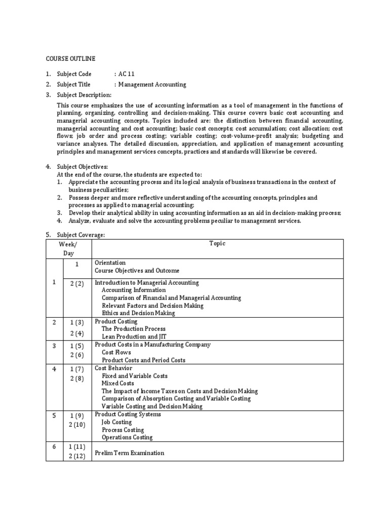 AC11 Course Outline PDF Management Accounting Cost Accounting