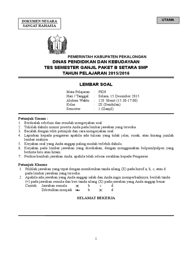 Soal Uas Semester Ganjil Paket B Setara Smp Kelas Ix Mapel Pkn