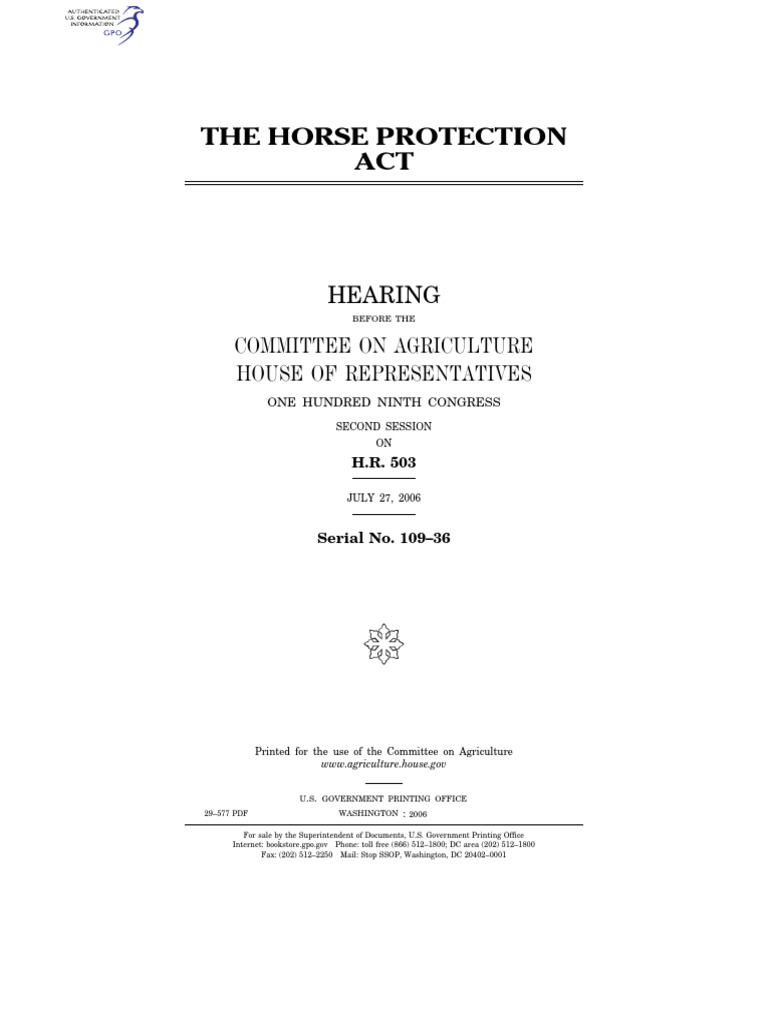 House Hearing, 109TH Congress The Horse Protection Act PDF Animal