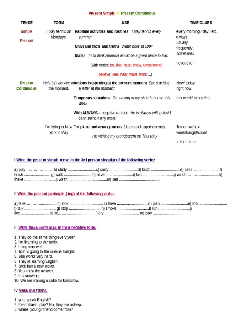 Present Simple vs Continuous Tenses Guide | PDF | Grammatical Tense | Verb