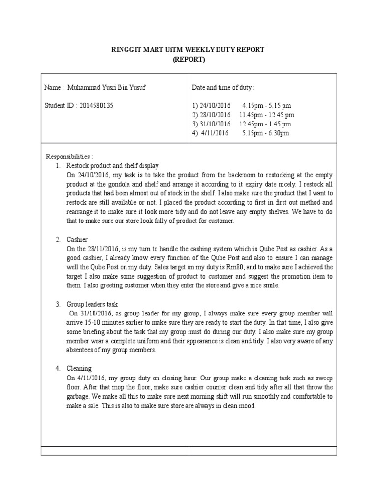Ringgit Mart Uitm Weekly Duty Report (Report) | PDF | Career & Growth ...