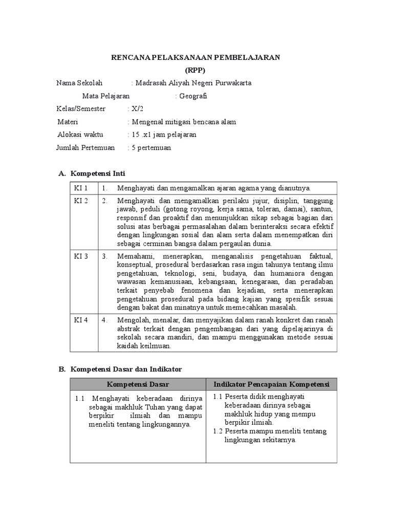 RPP Kelas X Bab 4 KP 2 Mengenal Mitigasi Bencana Alam