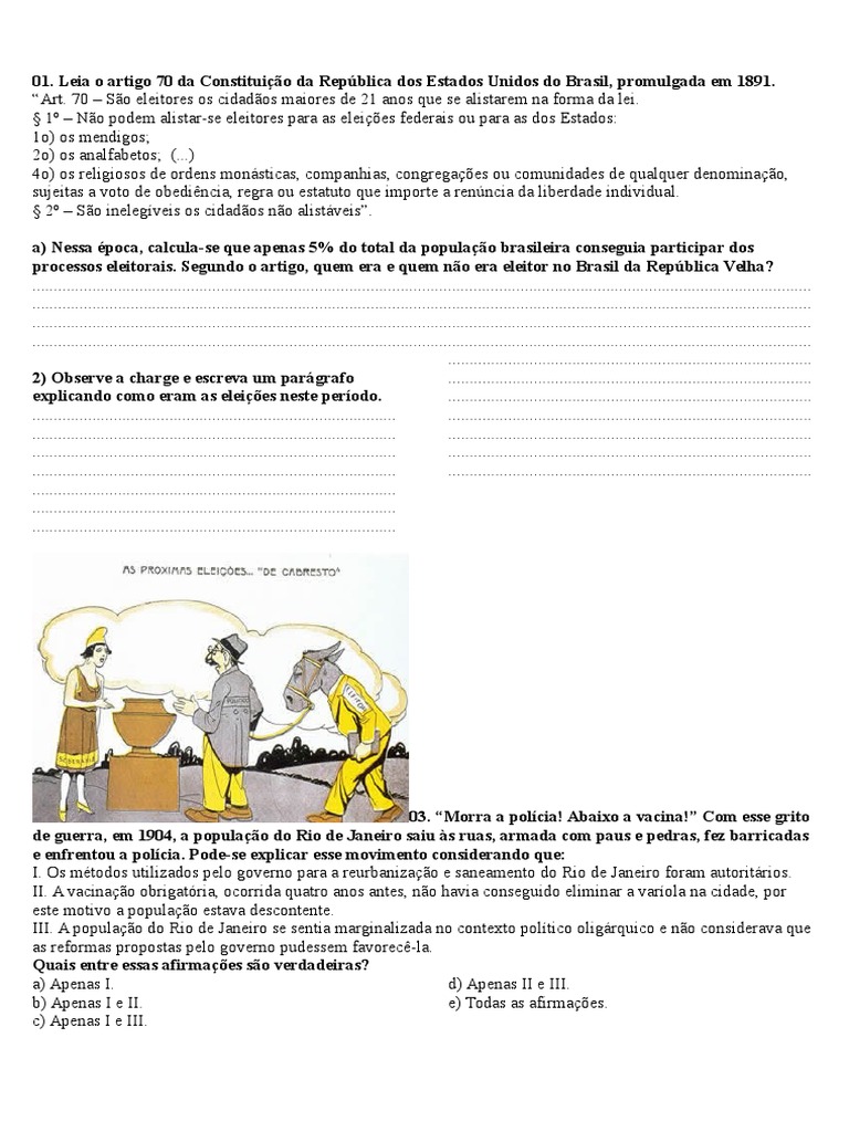 Avaliação 9° Ano - Primeira República e Era Vargas | Brasil | Política