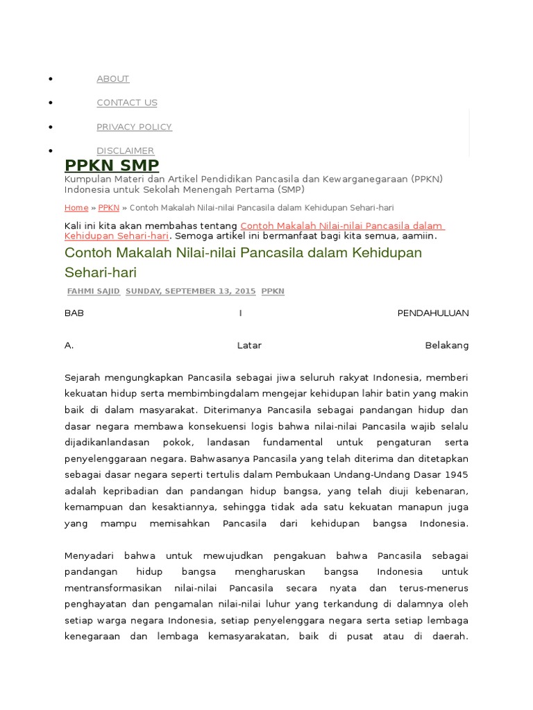 Contoh Makalah Tentang Nilai Nilai Pancasila