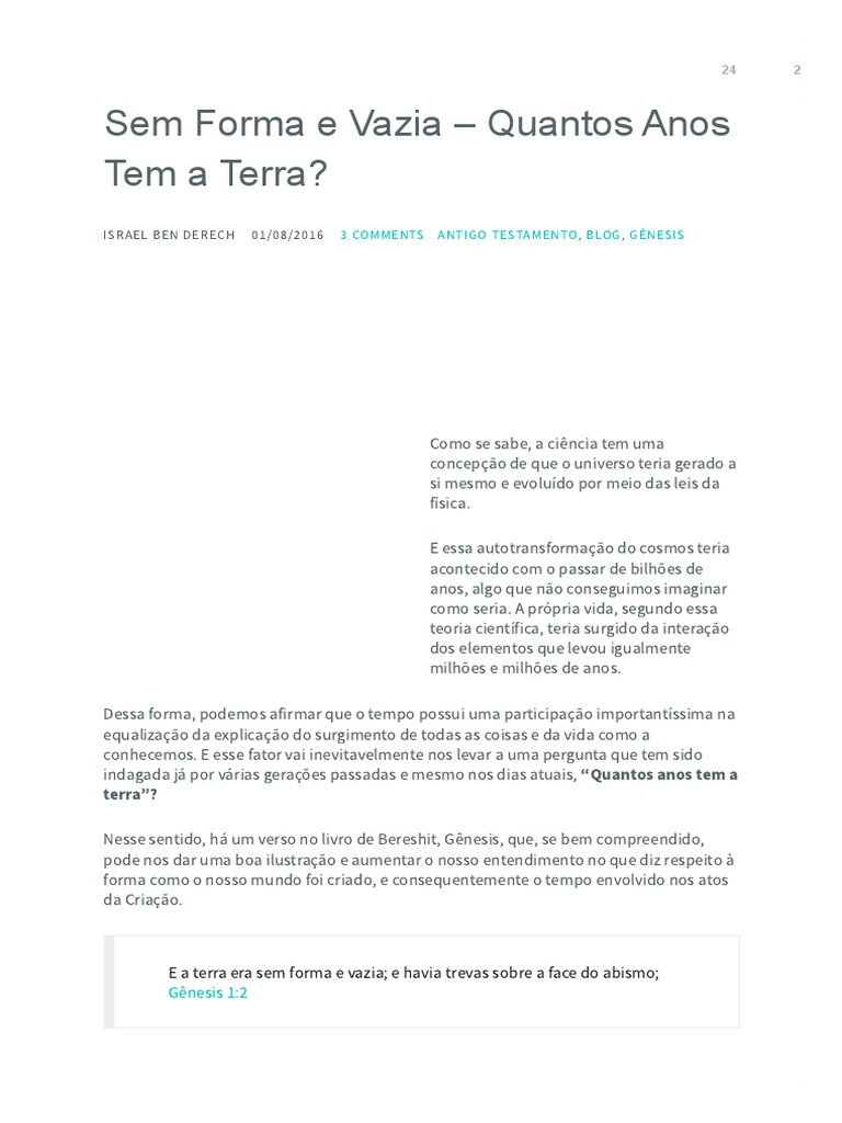Sem Forma E Vazia Quantos Anos Tem A Terra Pdf Gênesis Livro
