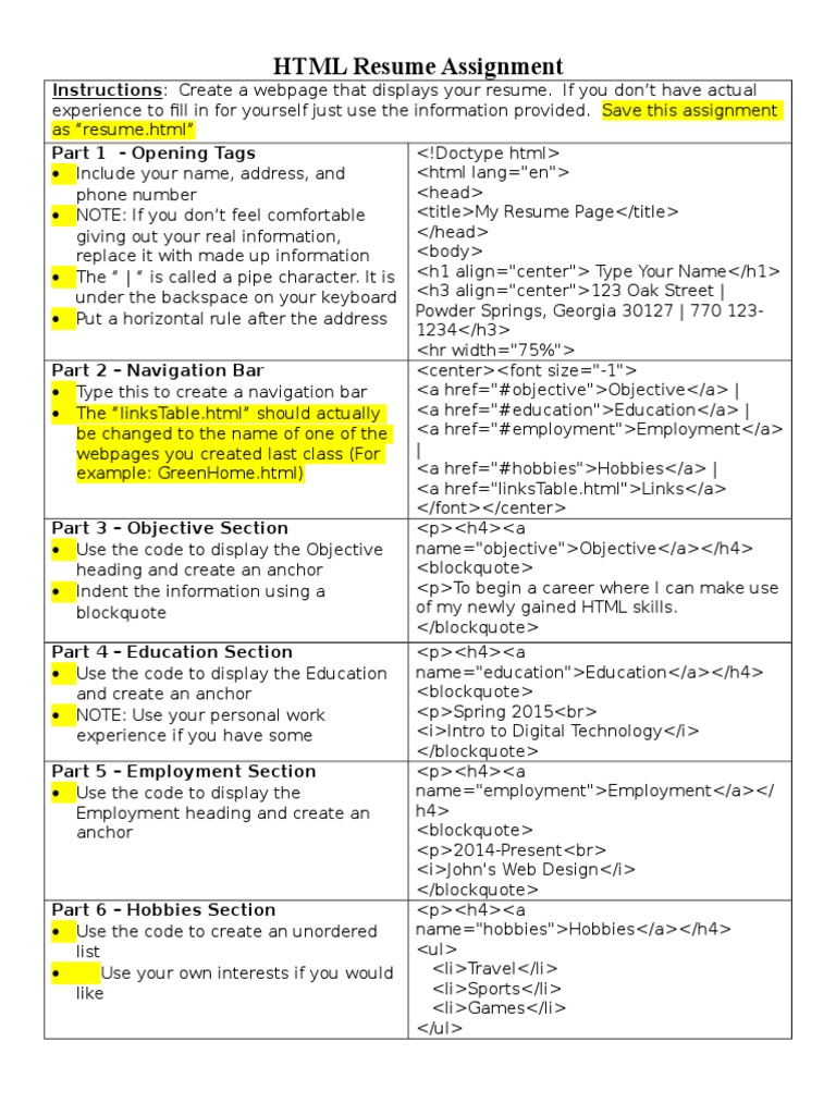 HTML Resume Webpage Creation Guide | PDF