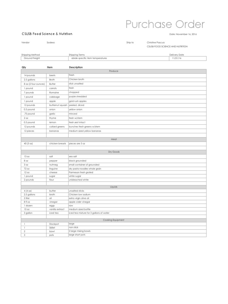 CSUSB Food Order for Nutrition Program | PDF