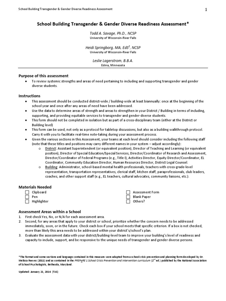 Transgender Student Support Assessment | PDF | Transgender | LGBTQIA+ ...