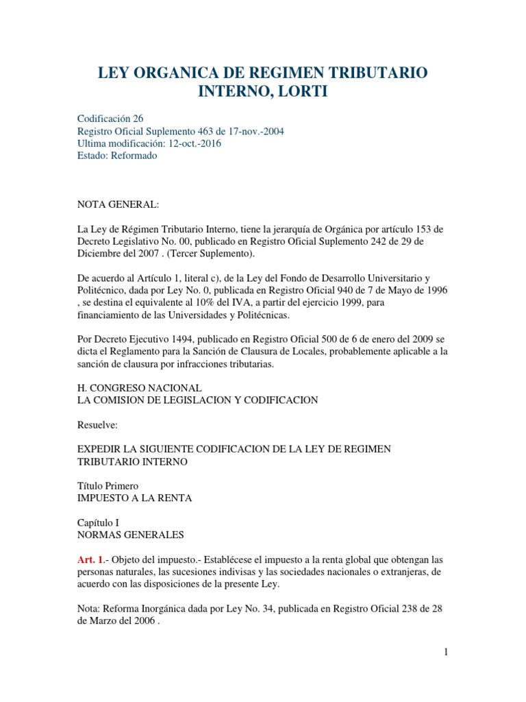 Tributarley Organica de Regimen Tributario Interno Lorti (1