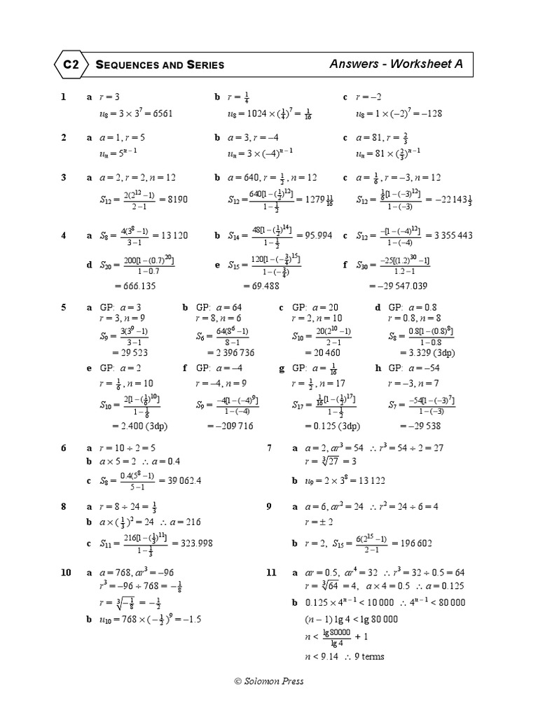Sequences and Series Worksheet Answers | PDF