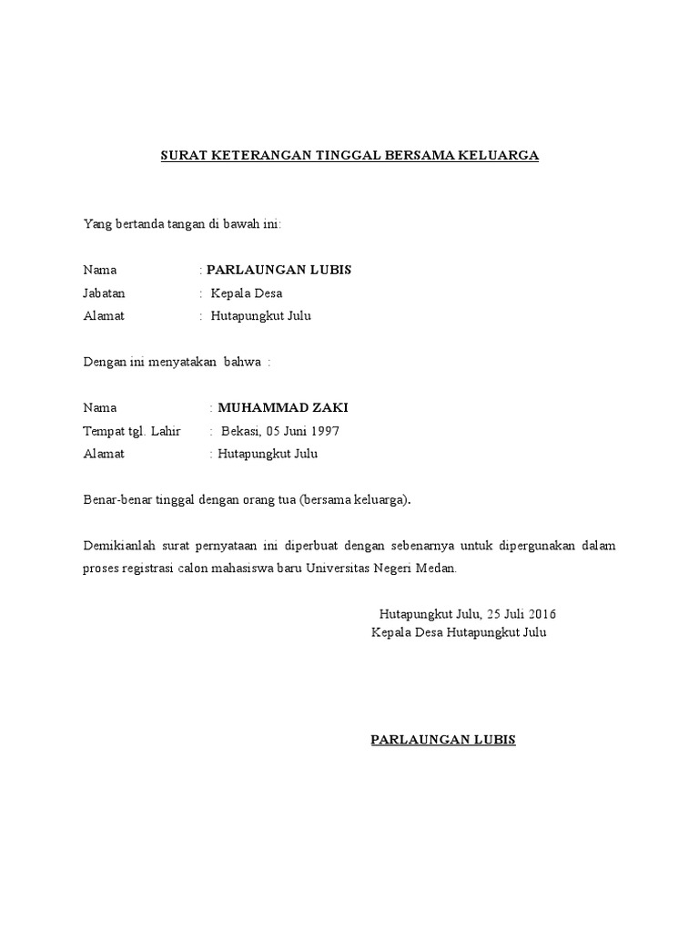 Surat Keterangan Tinggal Bersama Orang Tua