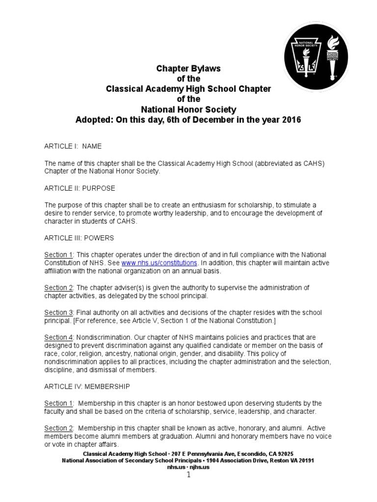 NATIONAL HONOR SOCIETY CHAPTER BYLAWS intelligence overview