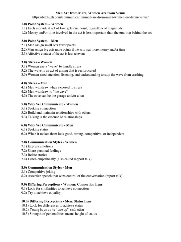Men Are From Mars, Women Are From Venus Worksheet | PDF | Psychological ...