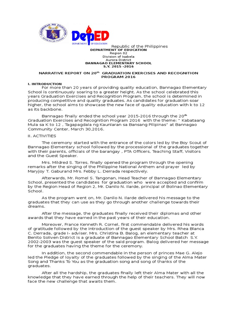 19++ Narrative Report On Moving Up Ceremony example
