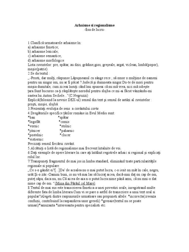 Test Arhaisme Si Regionalisme Gimnaziu Limba Romana  PDF