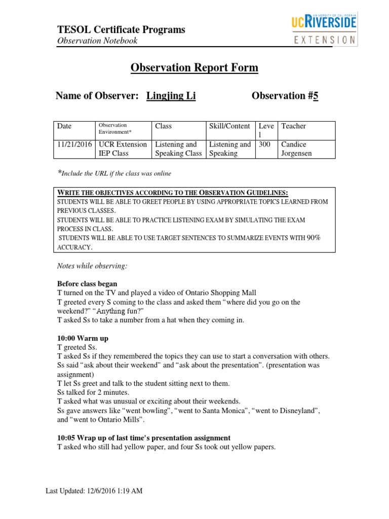 TESOL Observation Report Insights | PDF | English As A Second Or ...