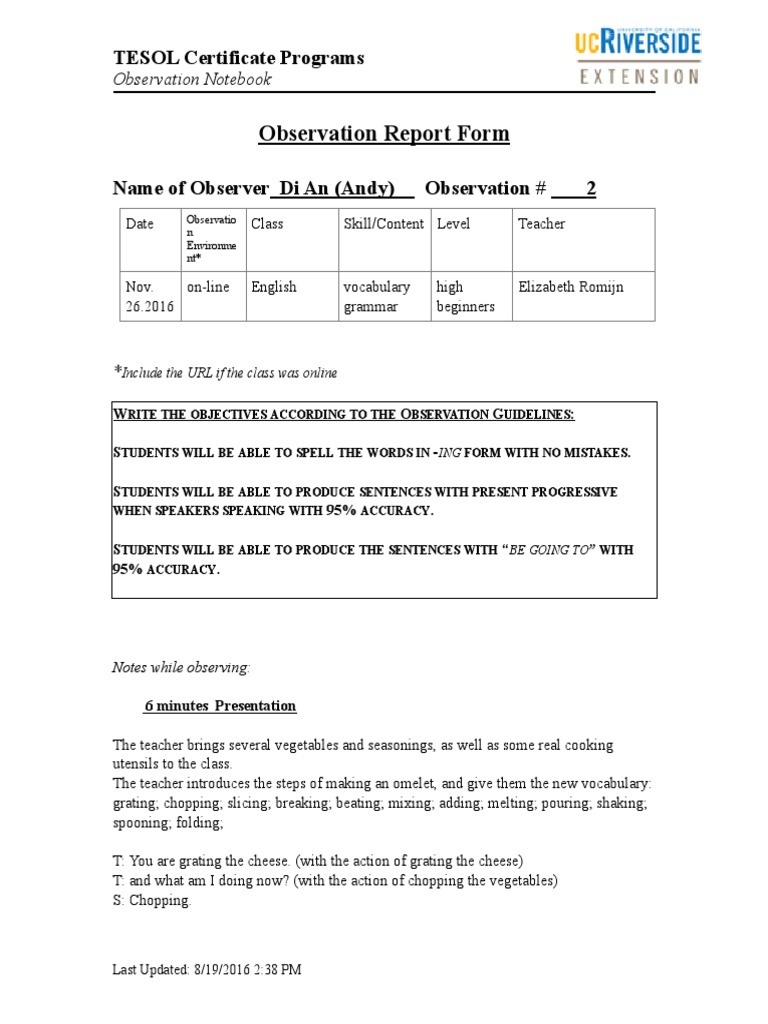 TESOL Observation Report: Teaching ESL | PDF | English As A Second Or ...