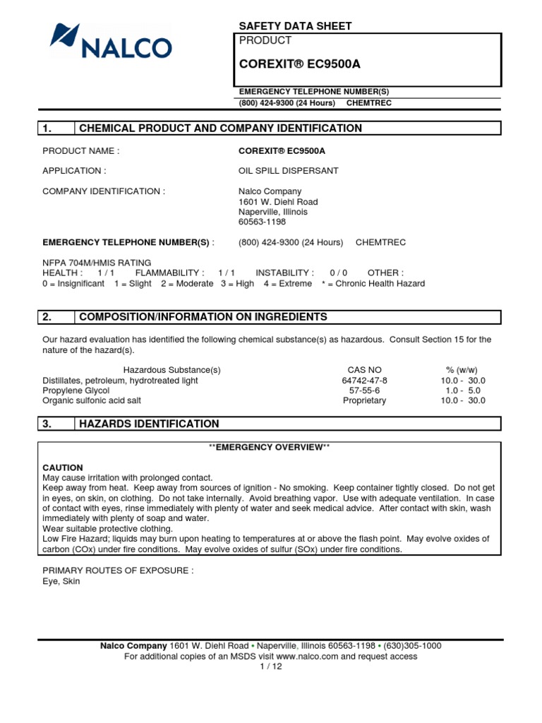 Corexit EC9500A Safety Data Sheet | PDF | Superfund | Resource ...