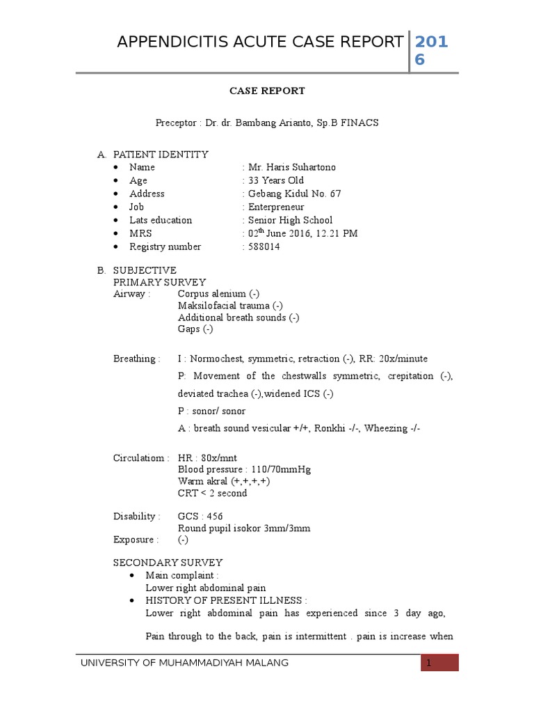 Acute Appendicitis Case Report Detailing Medical History, Examination