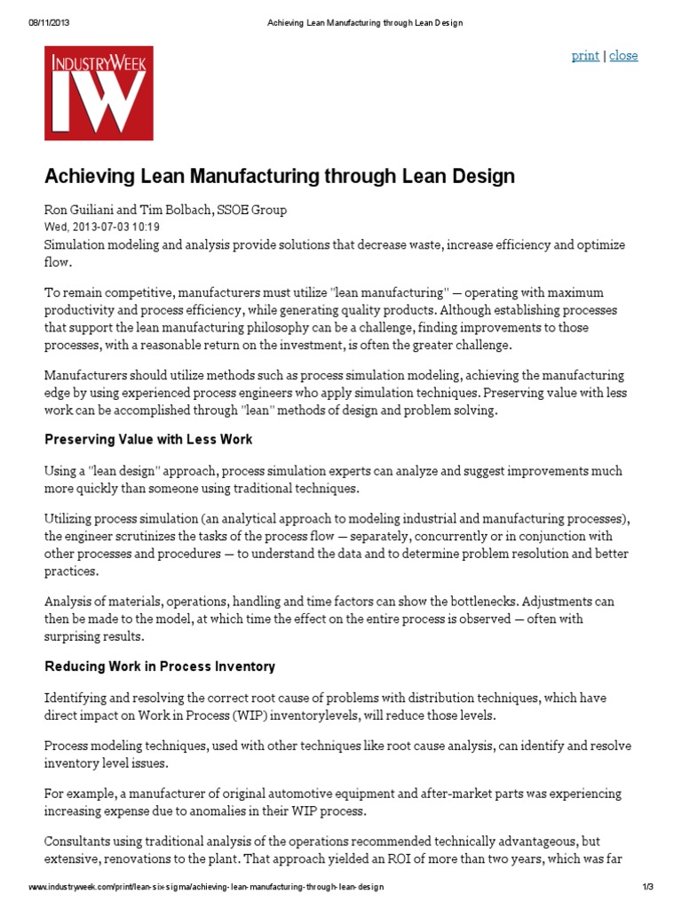 Achieving Lean Manufacturing Through Lean Design PDF | PDF