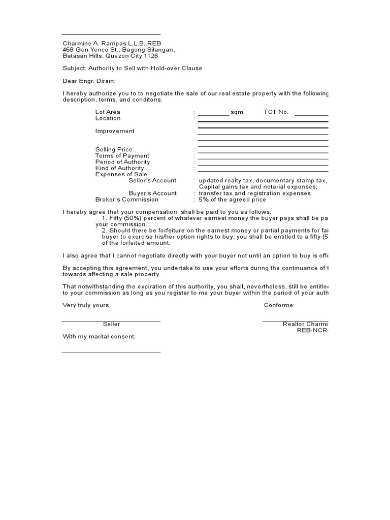 Authority To Sell With HoldOver Clause ATS (Form) PDF