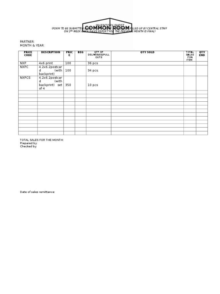 Common Room Inventory Form
