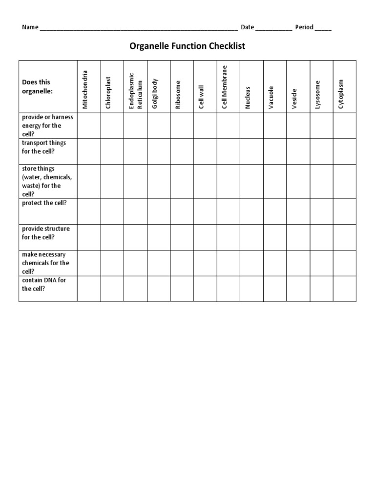 Organelle Function Checklist Worksheet | PDF | Wellness | Science ...