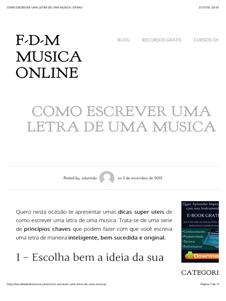 Como Escrever Uma Letra de Uma Musica: Ótimo! | PDF | Guitarras | Piano