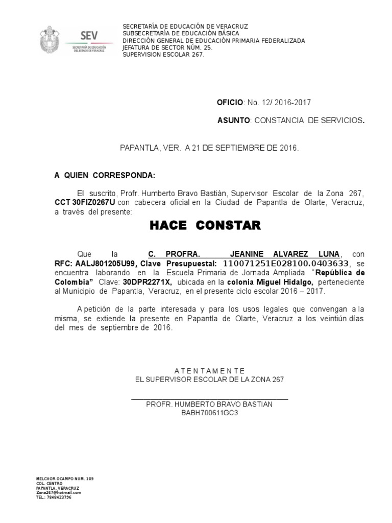 CONSTANCIA DE SERVICIOS Educación avanzada Escuelas