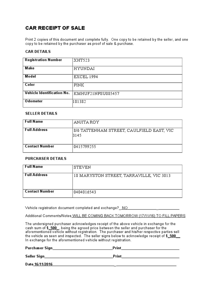 car sale receipt template pdf receipt motor vehicle