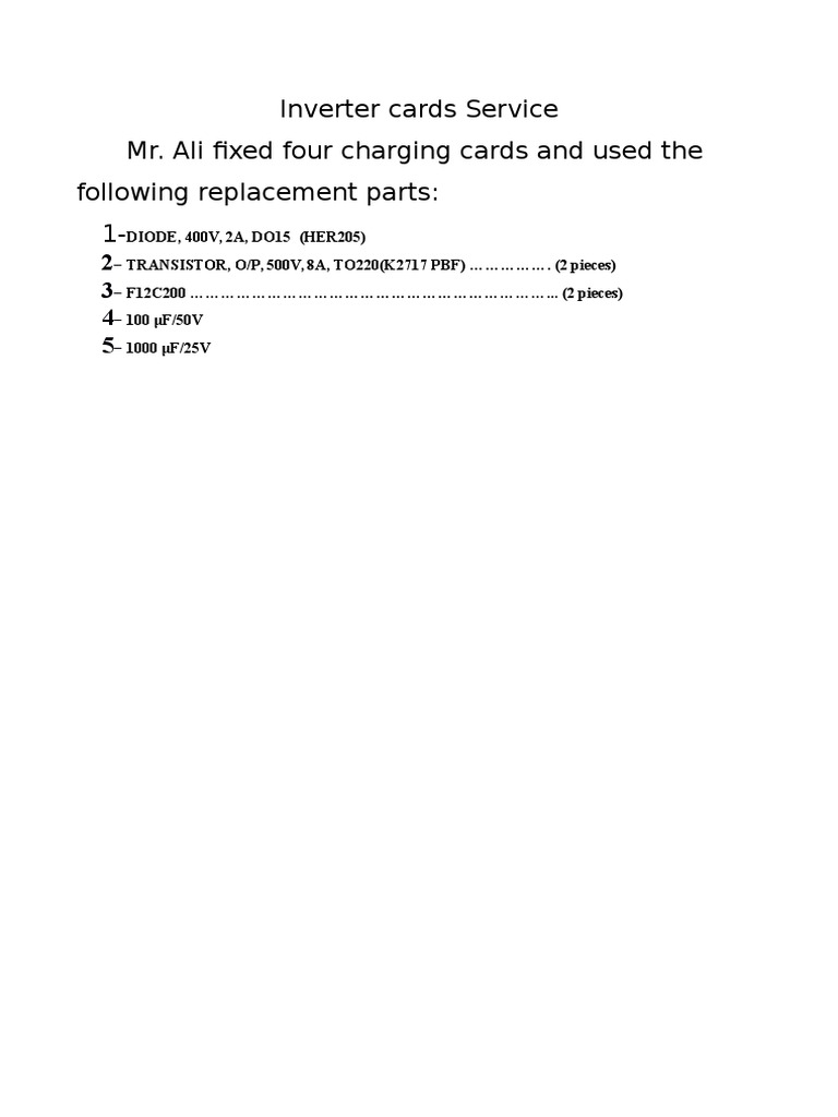 Inverter Card Repair Parts List | PDF | Technology & Engineering