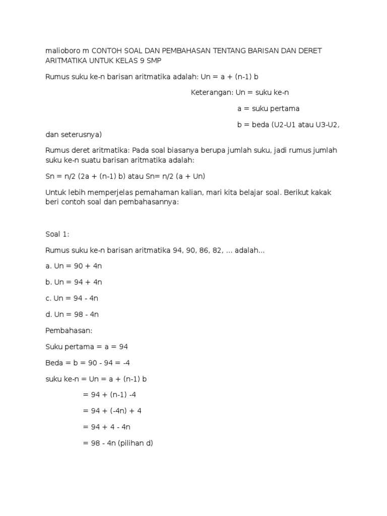Contoh Soal Dan Pembahasan Barisan Dan Deret Contoh Soal