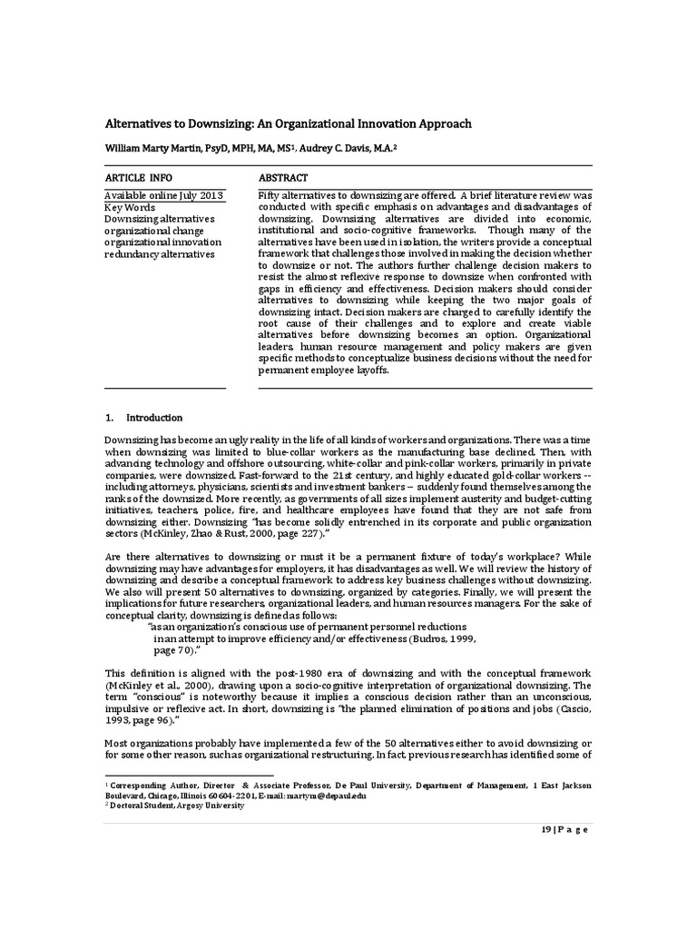 Alternatives To Downsizing An Organizational Innovation Approach PDF