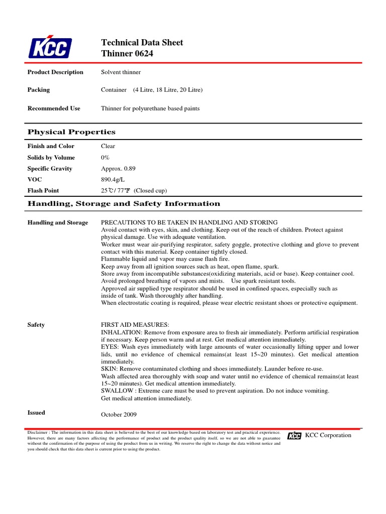 Technical Data Sheet Thinner 0624 Physical Properties PDF
