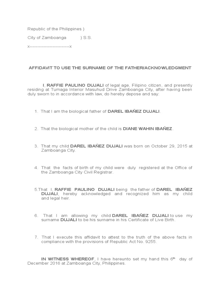 Affidavit To Use The Surname of The Father/Acknowledgment | PDF