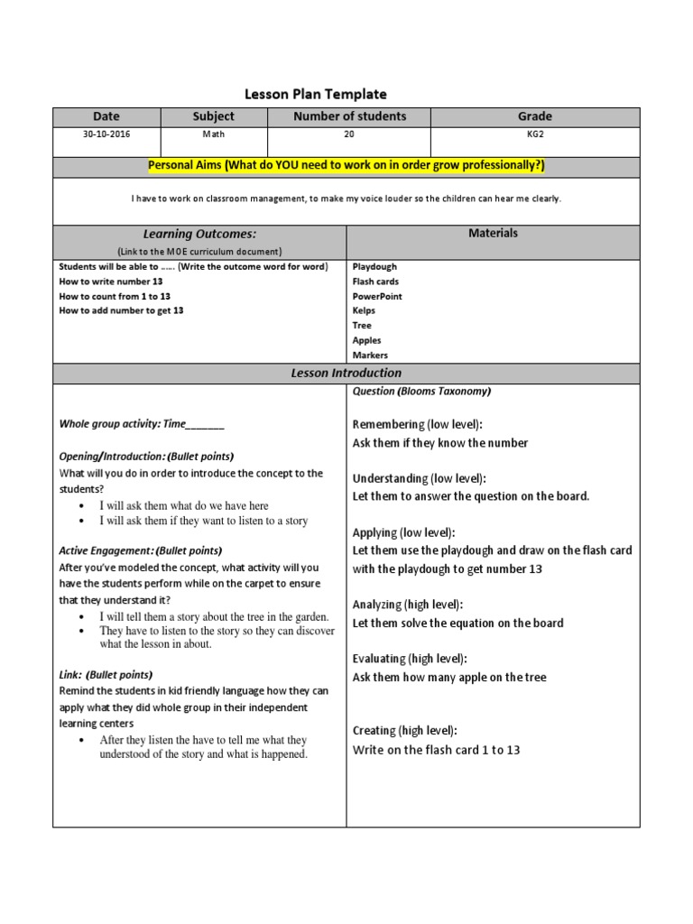 Lesson Plan Template: Date Subject Number of Students Grade | PDF ...