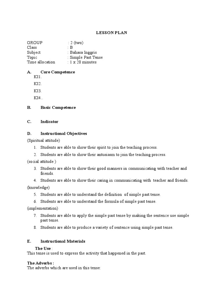 Simple Past Tense Lesson Plan | PDF | English Grammar | Rules