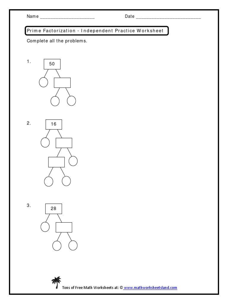 Prime Factorization - Independent Practice Worksheet | PDF for Free Printable Factor Tree Worksheets