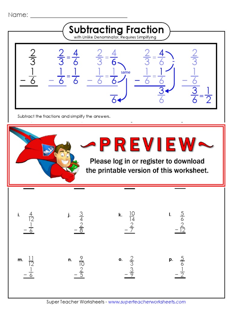 subtracting fractions unlike denominators req simplifying pdf