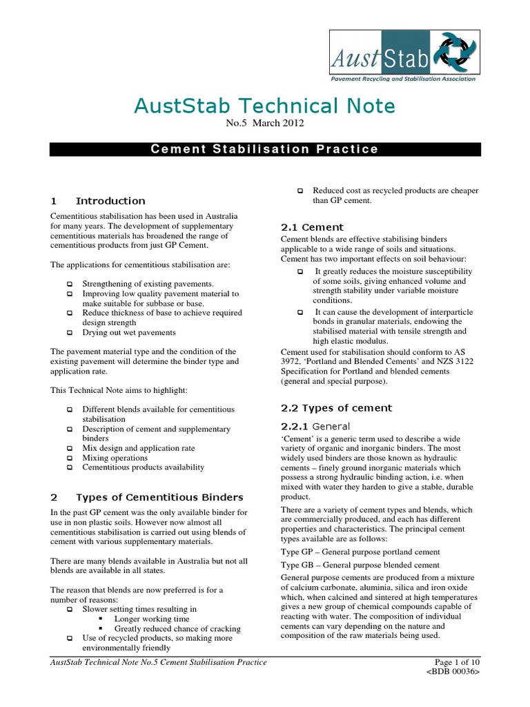 Auststab Technical Note: Cement Stabilisation Practice | PDF | Fly Ash ...