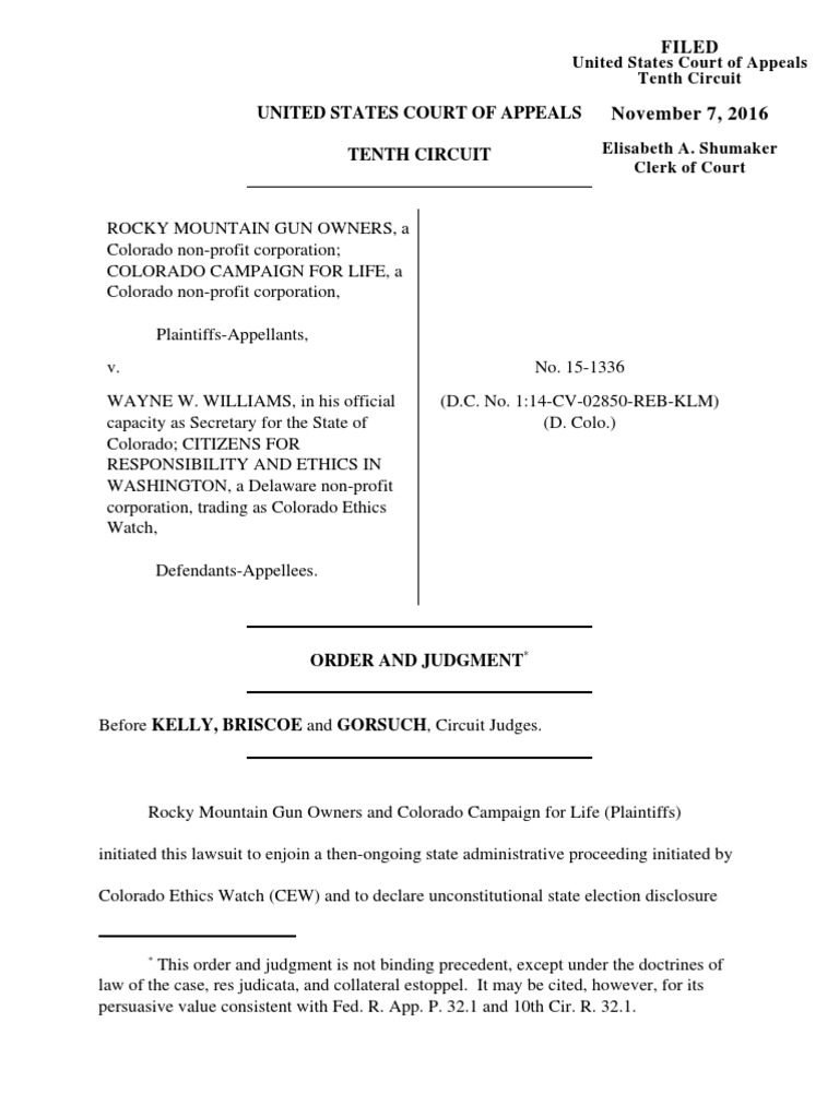 Rocky Mountain Gun Owners v. Williams, 10th Cir. (2016) PDF