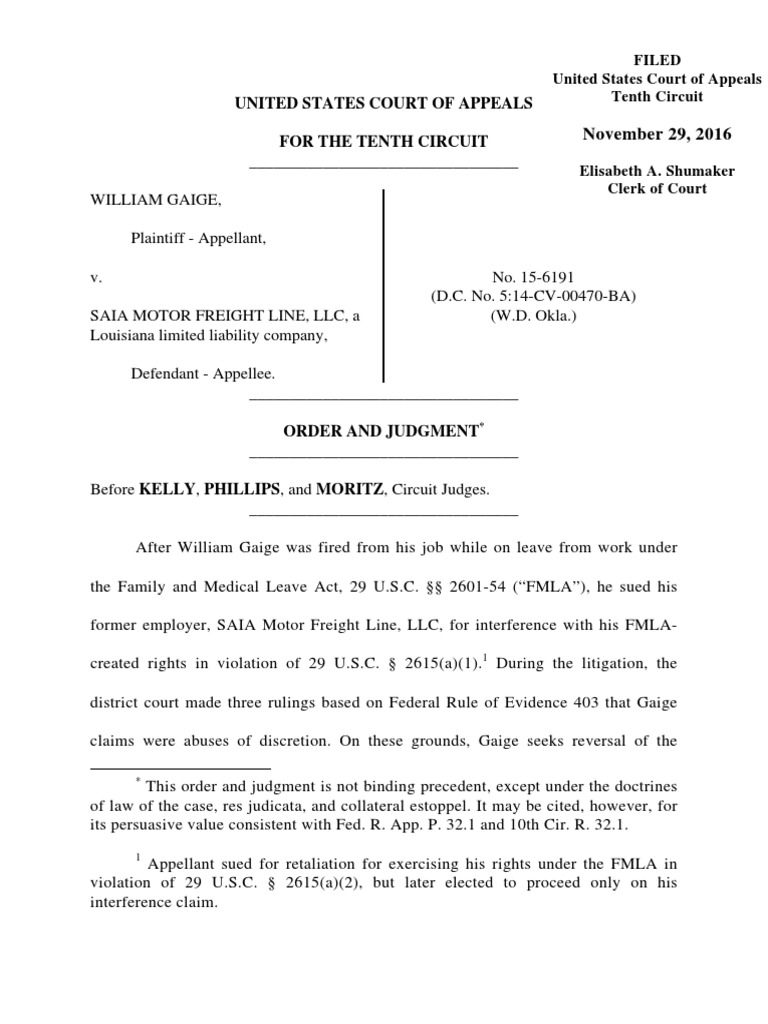 10th Circuit Rules That District Courts >> Gaige V Saia Motor Freight Line 10th Cir 2016 Evidence Law 10th Circuit Rules That District Courts >> Gaige V Saia Motor Freight Line 10th Cir 2016 Evidence Law