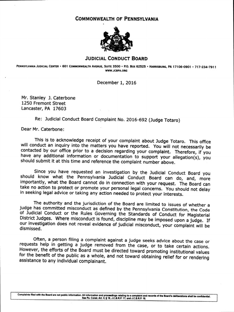 Pennsylvania Judicial Conduct Board LETTER Re 2016692 COMPLAINT v