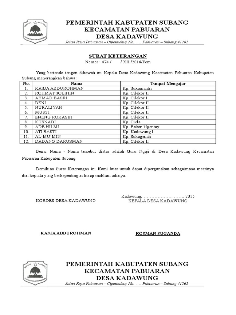 Surat Keterangan Guru Ngaji Tahun 2016