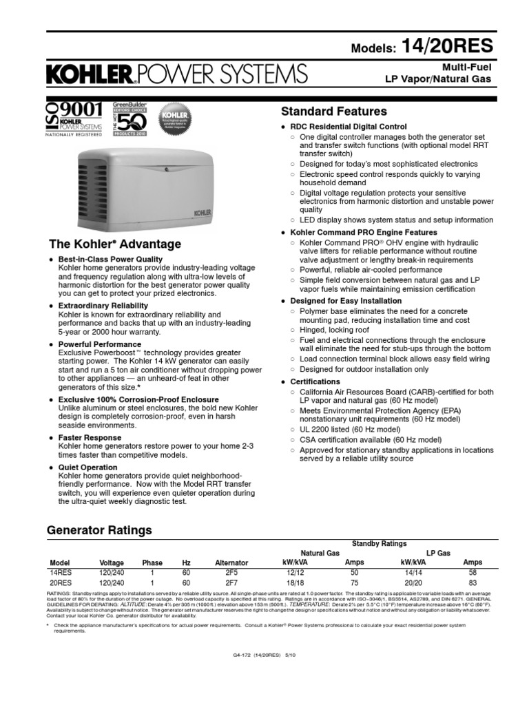 20RES Spec Sheet g4172 Electric Generator Direct Current