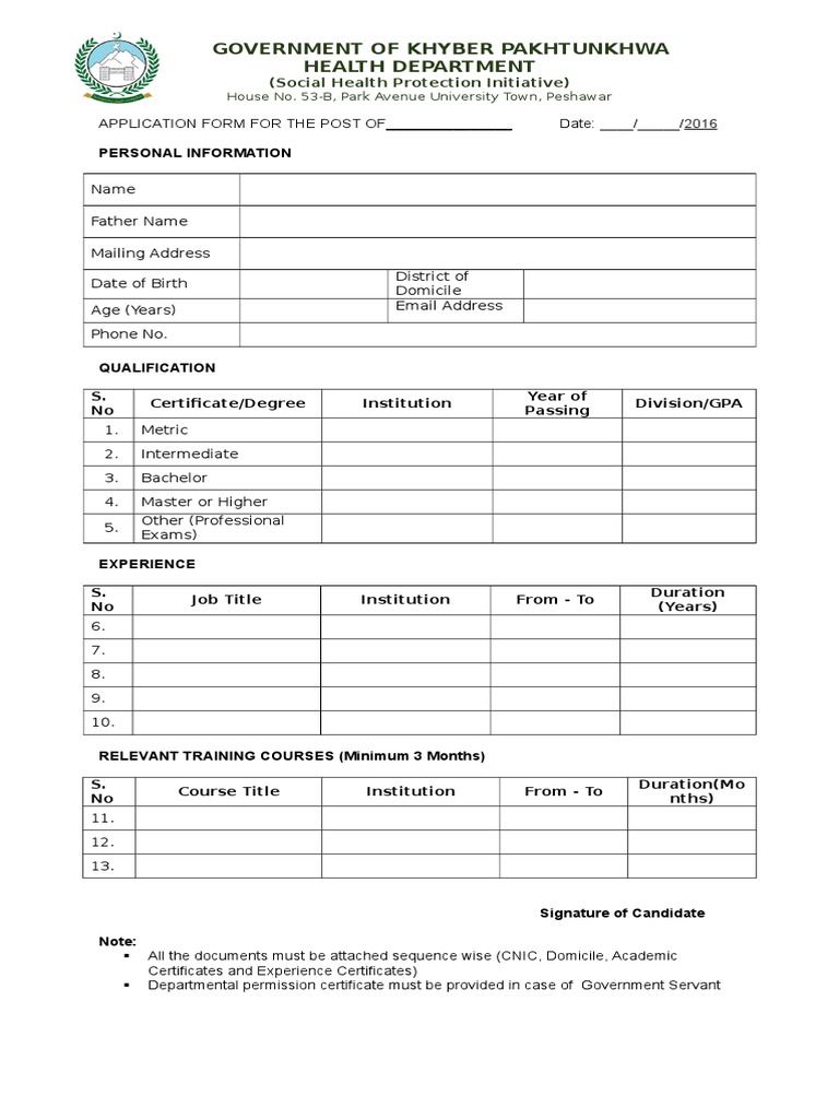 KPK Health Department Job Application Form | PDF